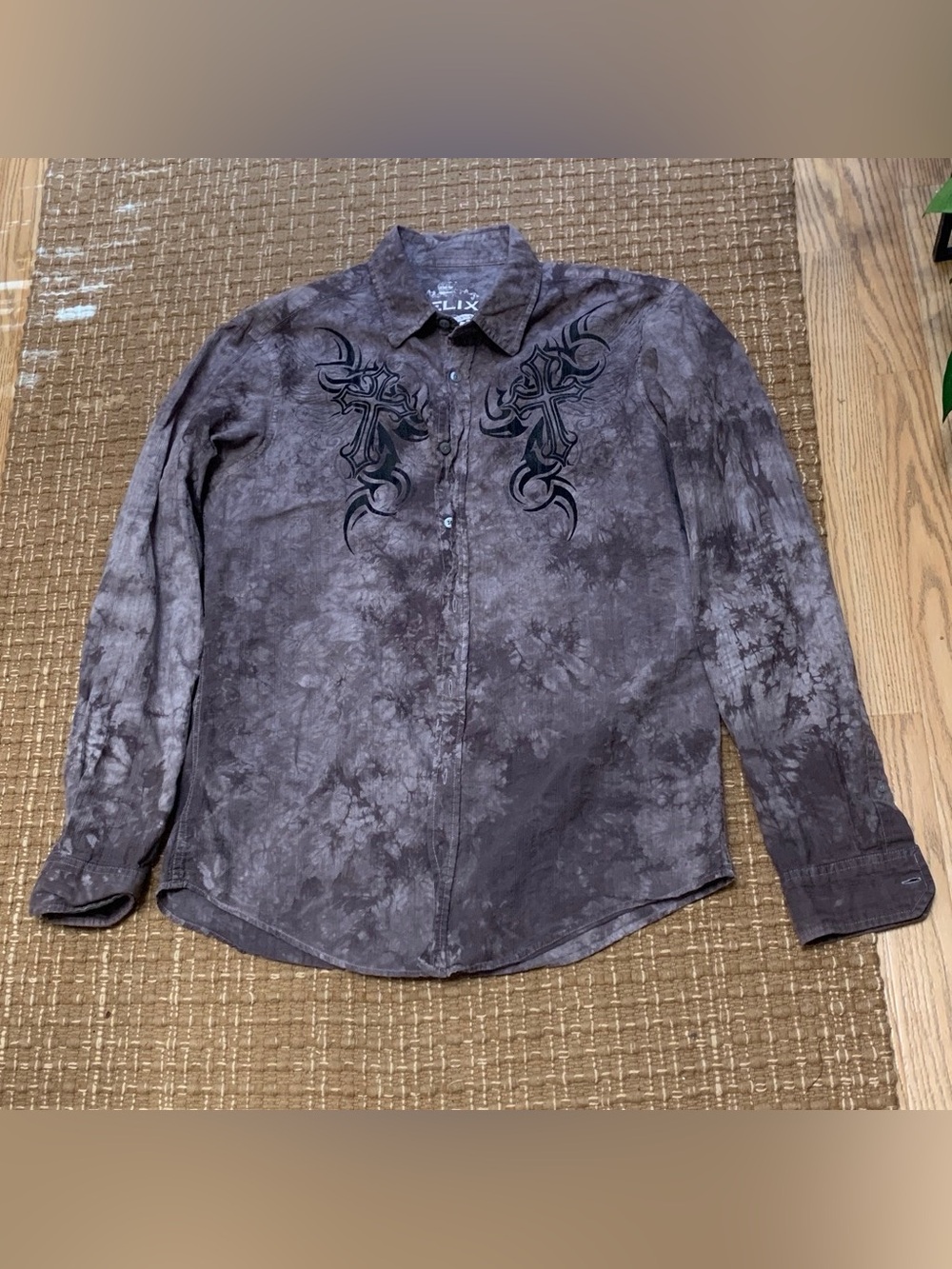 Helix gray Tie-Dye Button-Down Shirt with Cross Embroidery